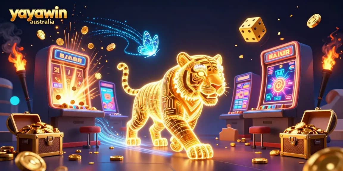 Experience the thrill of Yayawin Australia, featuring neon characters and dynamic casino elements in a dazzling digital setting.