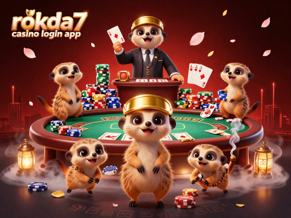 Experience the thrill of the rokda7 casino login app with meerkats running the casino tables amid vibrant game elements.