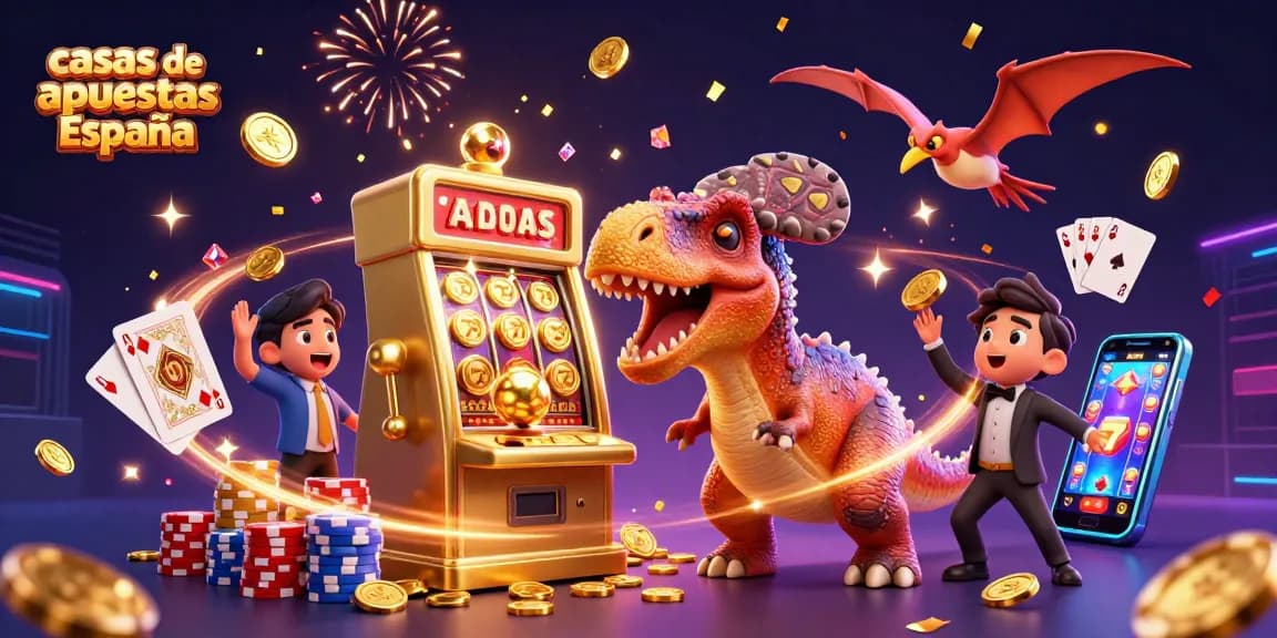 Apuesta en las mejores casas de apuestas España mientras un dinosaurio celebra un gran jackpot.