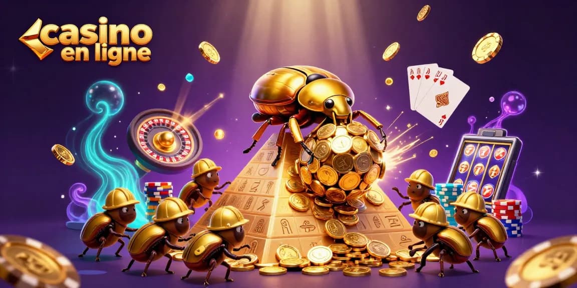 Gagnez avec le casino en ligne : illustration dynamique de jeux, symboles et pièces d'or.