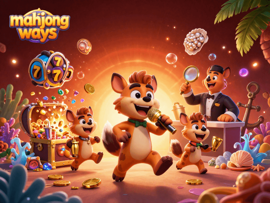 Engage with mahjong ways in a vibrant casino scene featuring animated hyena characters.