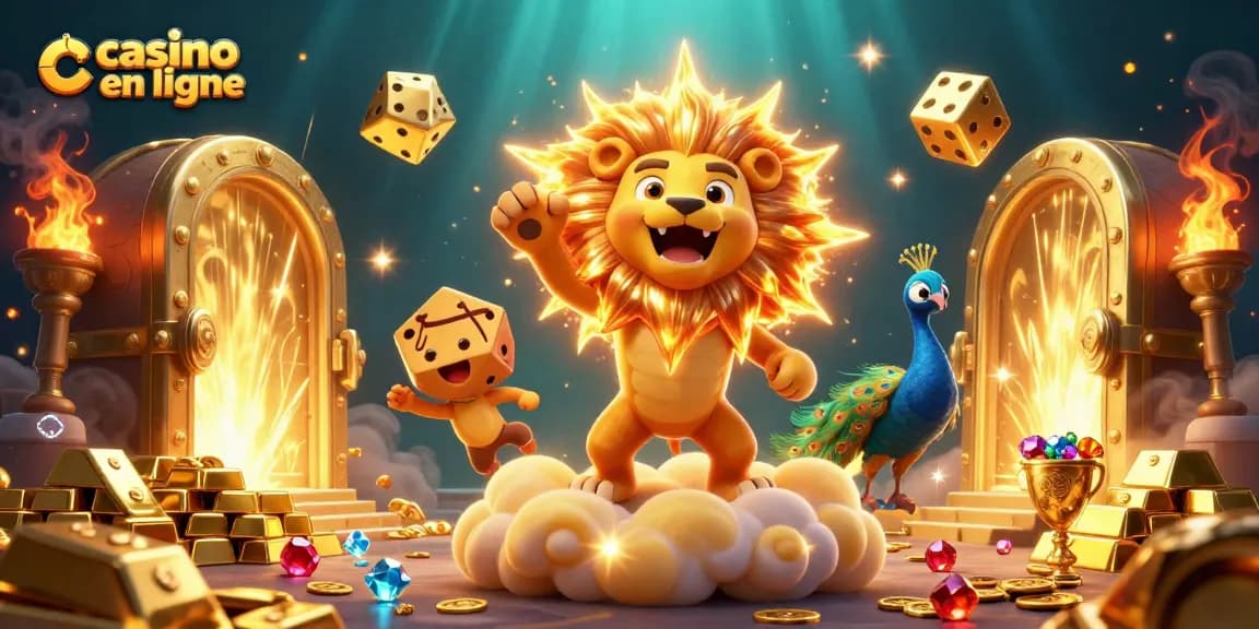 Plongez dans l'univers captivant du casino en ligne avec un lion solaire glorieux entouré de trésors scintillants.