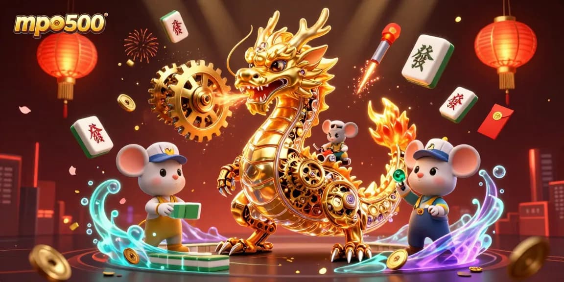 Experience the mpo500 magic with a golden dragon and engineer in a vibrant casino-themed 3D illustration.
