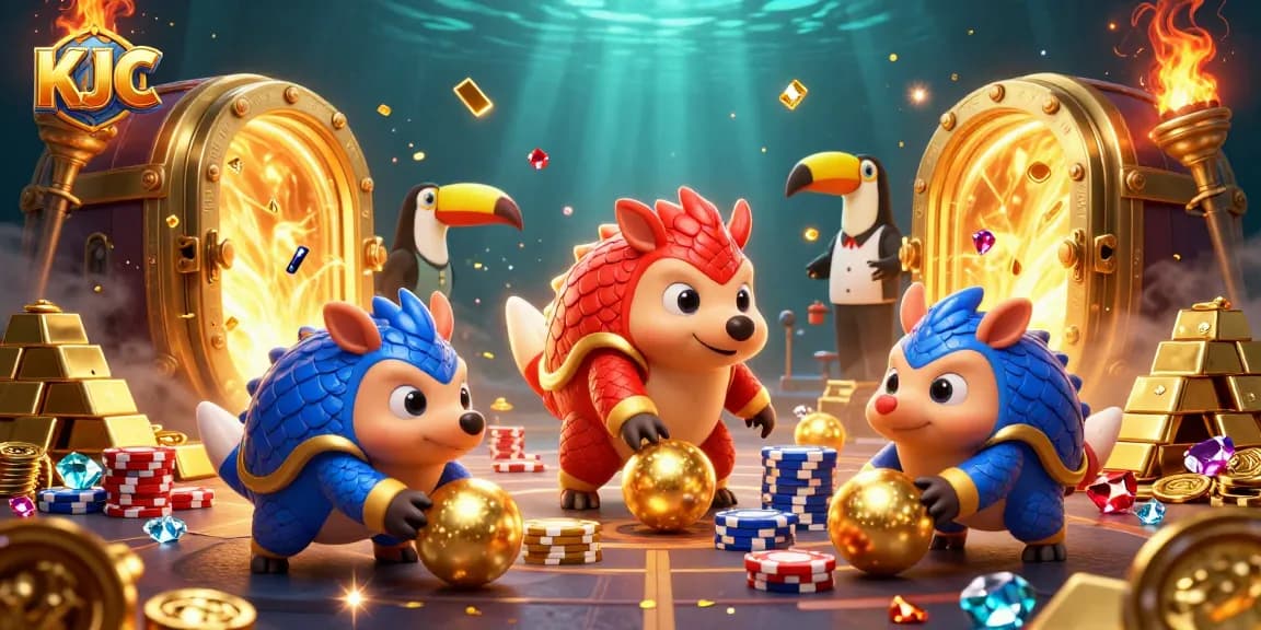 KJC pangolins compete in a sparkling casino setting, surrounded by poker chips and golden treasures.
