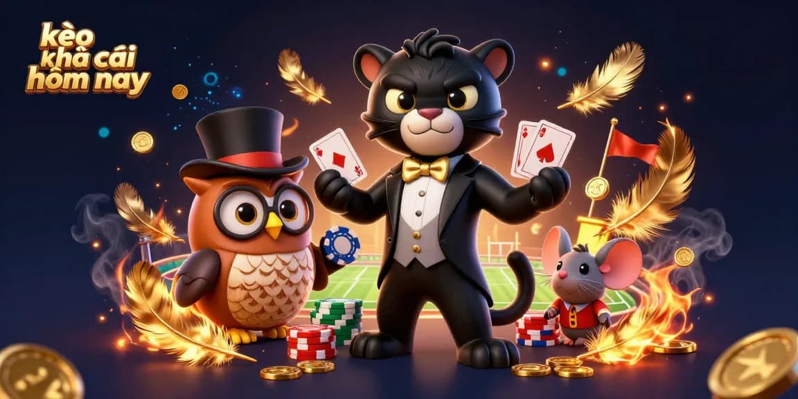 Engage in kèo nhà cái hôm nay with a stylish panther, owl, and lucky mouse in a dynamic gambling scene.