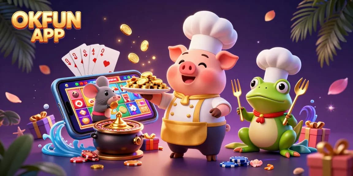 Experience the thrill of wins with OKFUN APP featuring vibrant slot games, gold coins, and engaging characters.