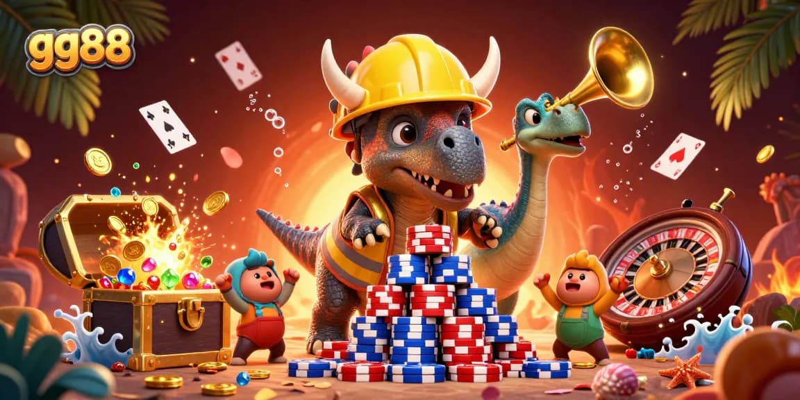 Elevate your gaming experience with gg88 in this dynamic 3D casino illustration featuring joyful characters.
