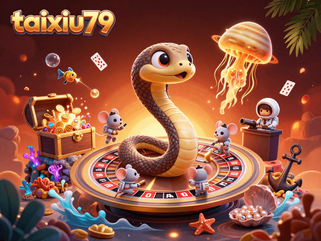 Experience taixiu79 excitement with animated gaming elements in a vibrant cosmic scene.