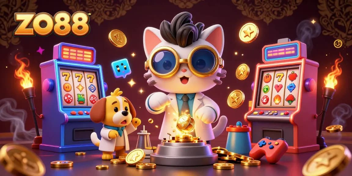 Spin to win at zo88 with a joyous 3D cartoon illustration of a scientist cat creating coins.