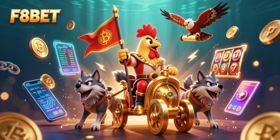 Experience F8BET's thrilling casino adventure with dynamic characters and neon crypto coins.