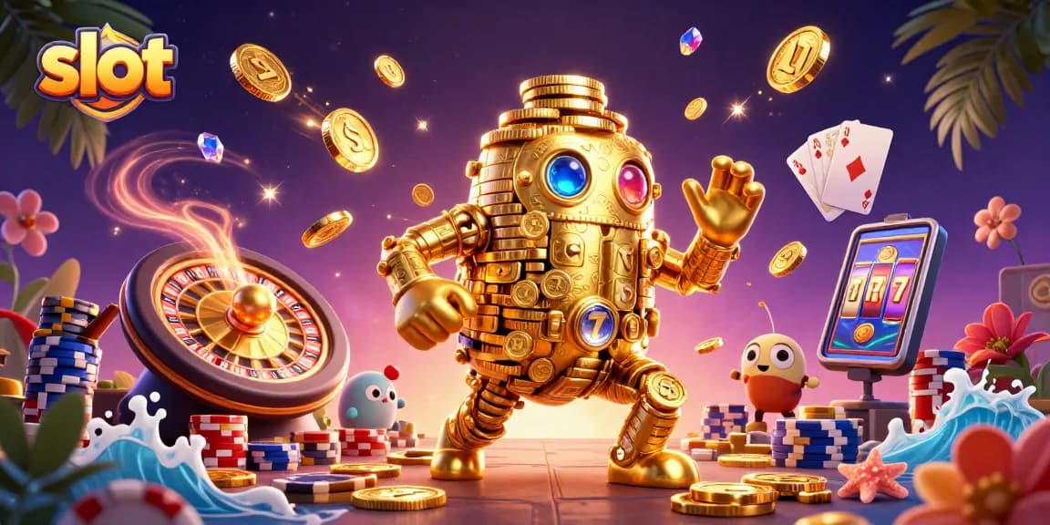 Spin the slot reels with a vibrant 3D golem surrounded by cascading coins and dazzling gems.