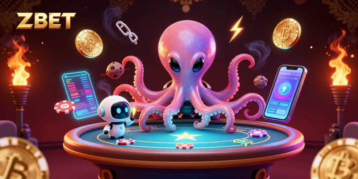 ZBET players engaging in a holographic poker game with an alien octopus and vibrant crypto elements.
