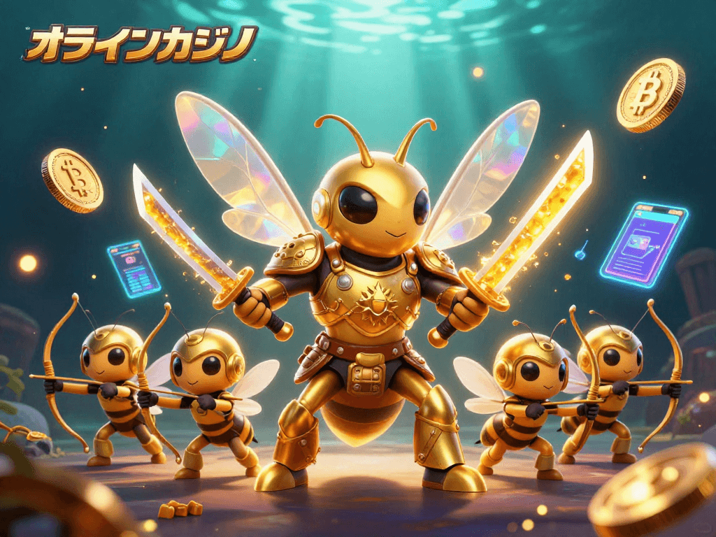 オンラインカジノのゲームで戦う武士のハチ、光るコインが周囲に散らばるシーン。