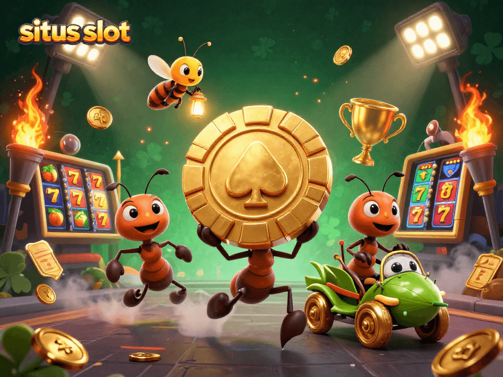 Melihat situs slot dengan karakter semut 3D yang membawa chip poker emas dan elemen slot yang mengelilinginya.