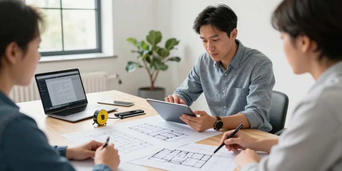 Measured building surveys London experts discussing floor plans in a bright office setting