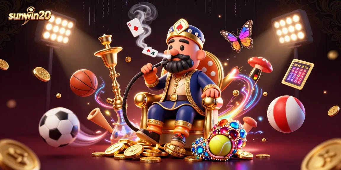 Engage in high-stakes play with sunwin20 and iconic poker hand symbols in a dynamic casino scene.