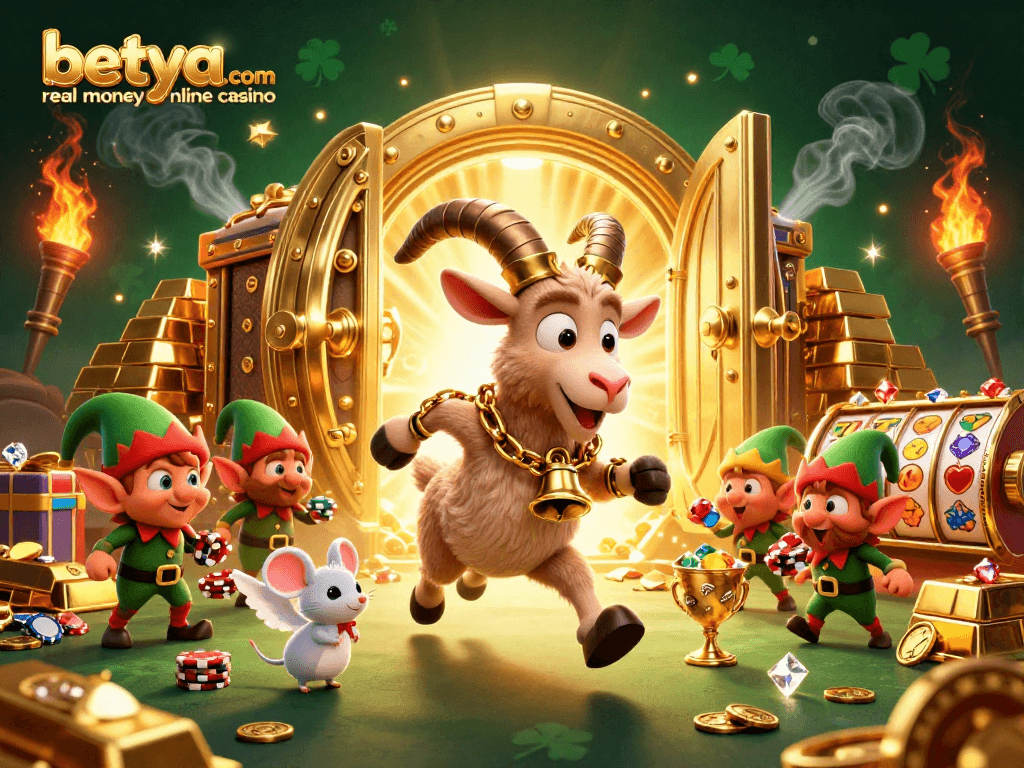 Experience excitement at betya.com real money online casino, where a Krampus goat juggles festive chaos amidst dazzling riches.