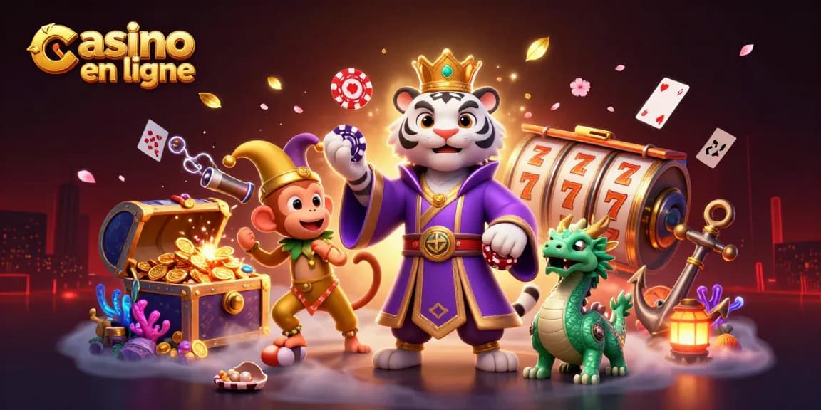 Découvrez le casino en ligne avec un tigre, un singe jonglant et des trésors sous-marins animés.