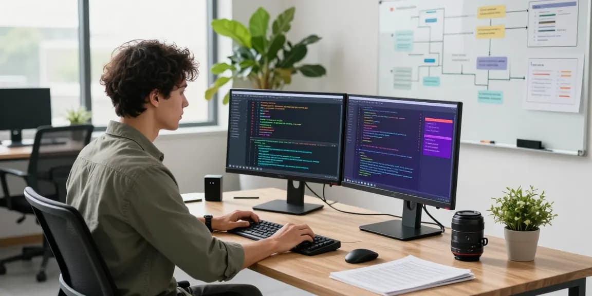 Innovative software development workspace showcasing coding and design elements, highlighting corluticaret.net's tech focus.