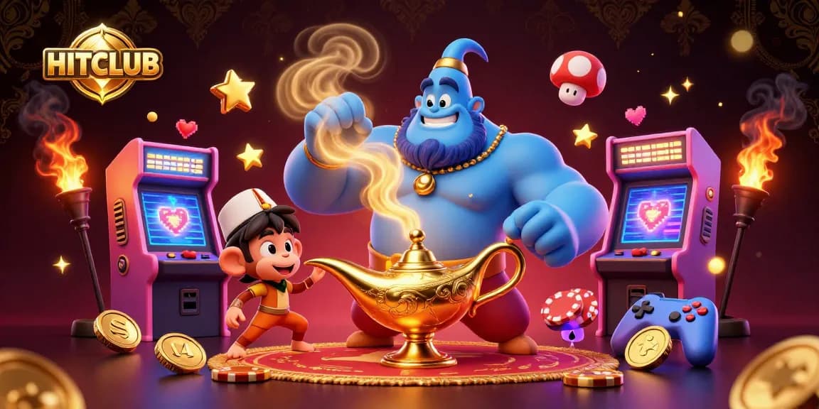 Engage with HITCLUB's exciting 3D casino adventure featuring a lively genie, monkey, and poker chips.
