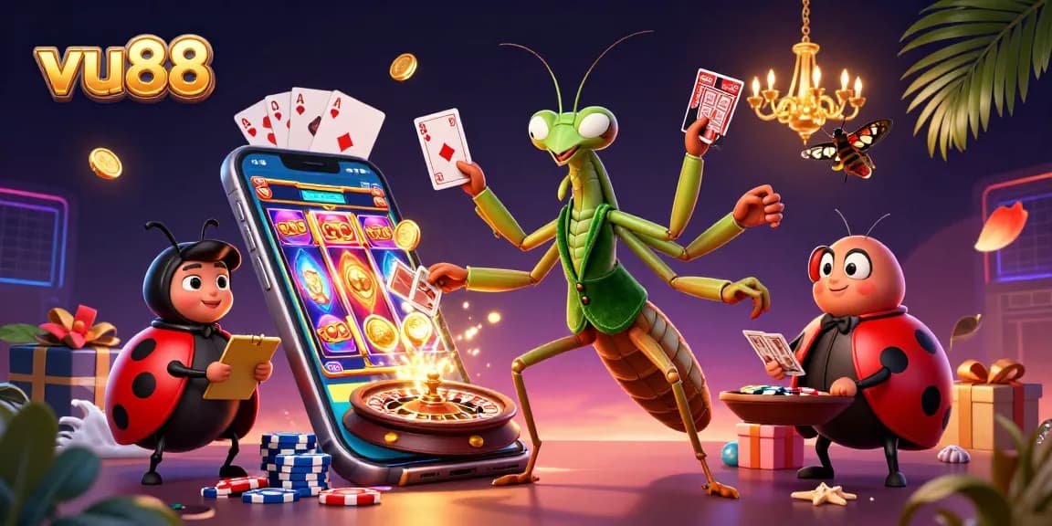 Engaging scene of a vu88 cartoon casino with unique characters, vibrant gaming elements, and festive atmosphere.