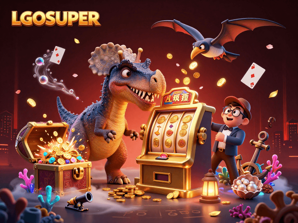 Experience thrilling wins with LGOSUPER as a pachycephalosaurus activates a jackpot slot machine!