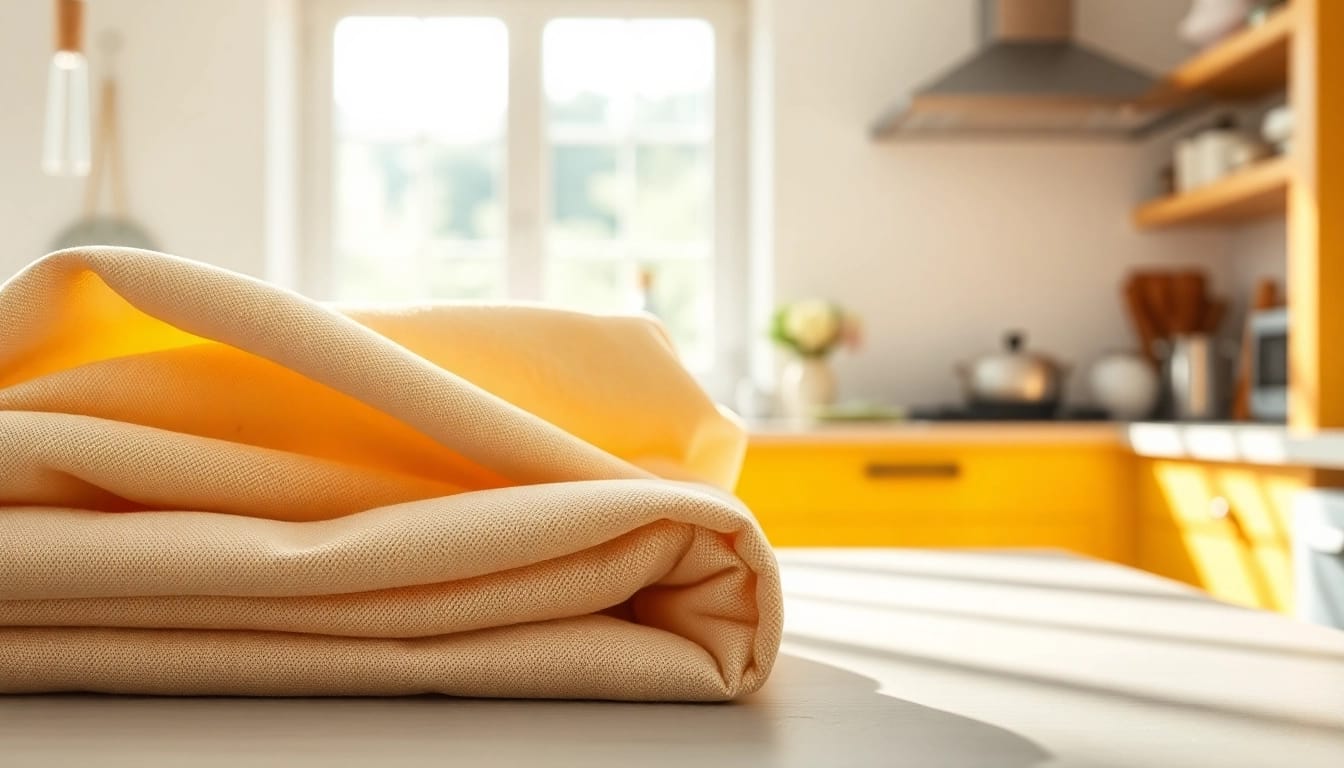 Kaasdoek showcasing its soft texture and vibrant colors in a beautifully presented kitchen setting.