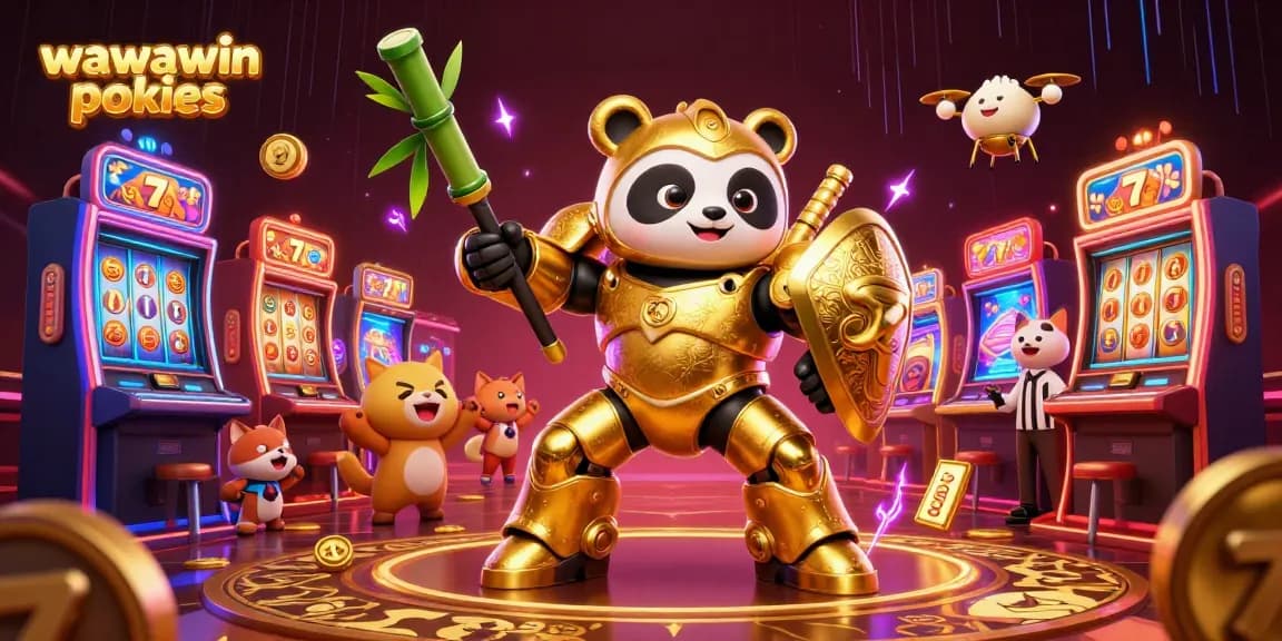 Experience the excitement of wawawin pokies with a golden panda in a dynamic casino setting, filled with slot machines and vibrant animations.