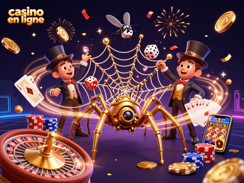 Jouez au casino en ligne avec une illustration dynamique de jeux, jetons et gains.