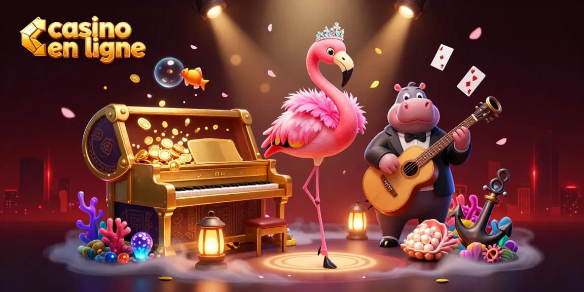 Illustration vibrante de l'univers des casinos en ligne avec un flamant chanteur et un hippopotame bassiste.