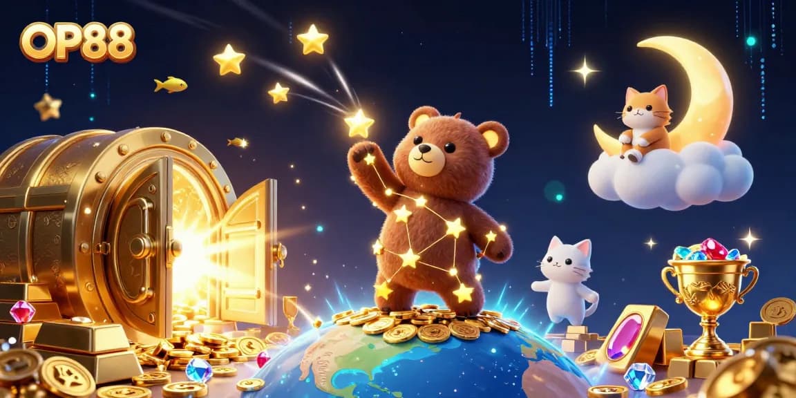 Scoop up rewards at OP88 with a 3D constellation bear amidst a treasure-filled casino world.