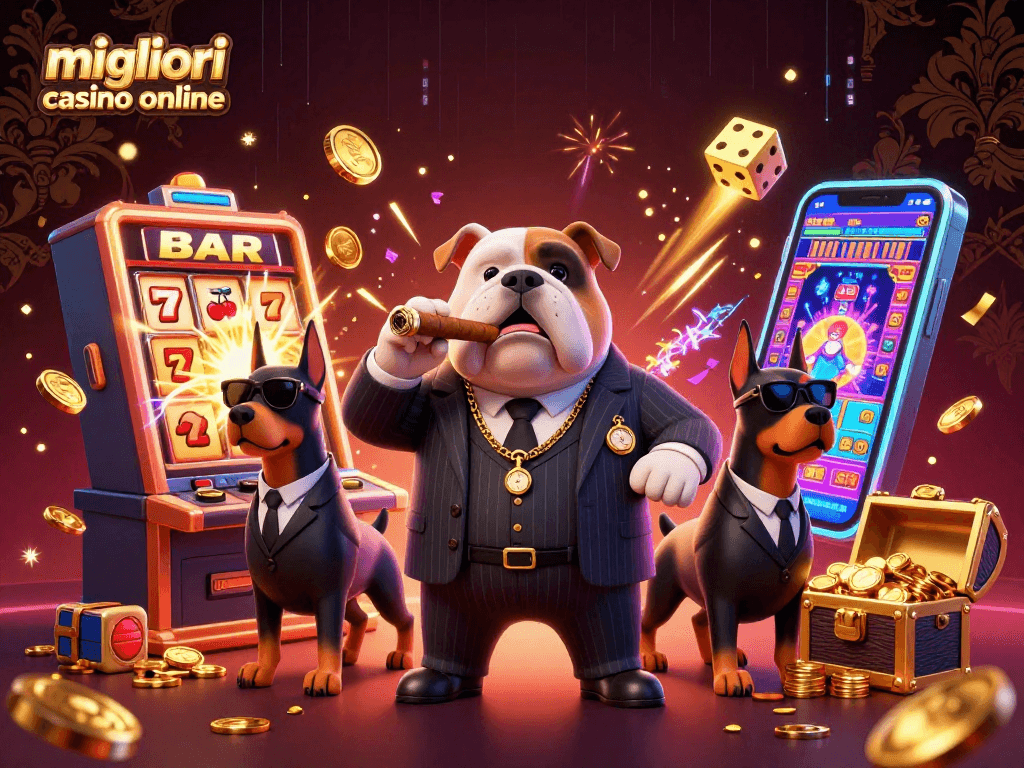 Immagine dei migliori casino online: bulldog mafioso con bodyguard e slot machine esplosiva.