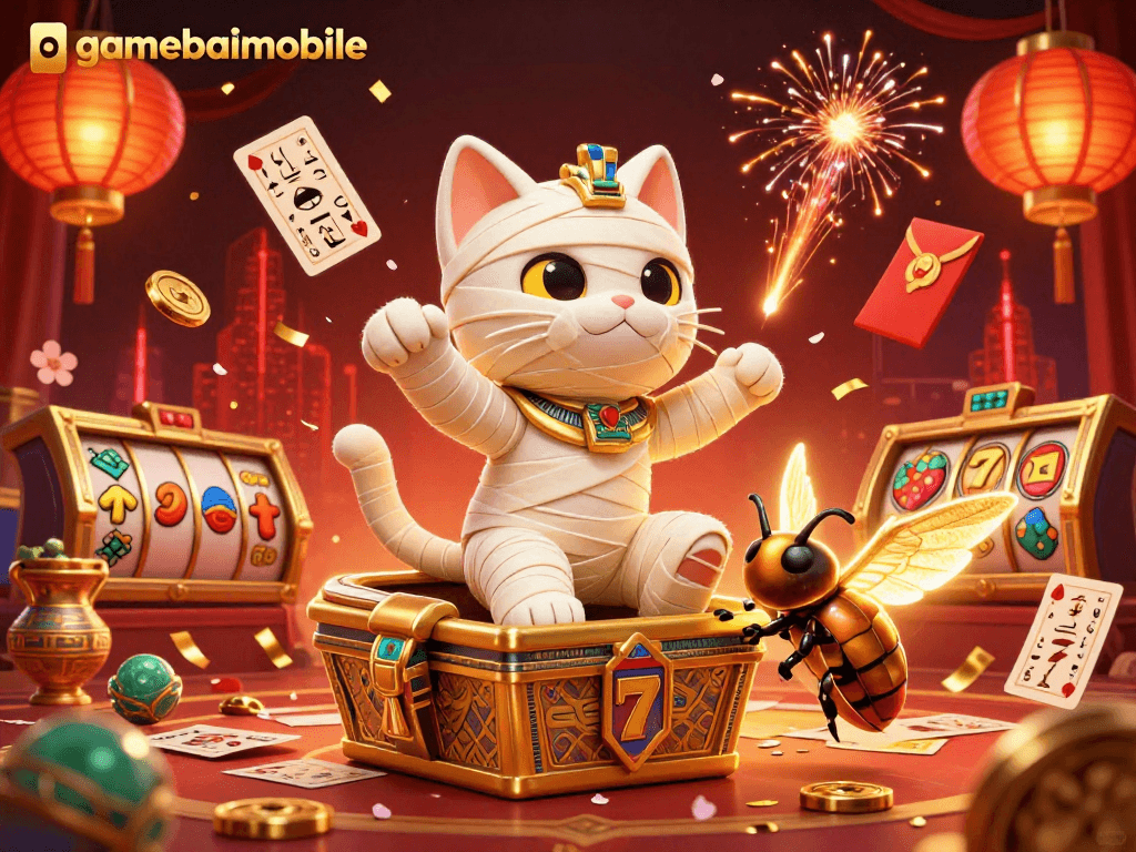 Engage with gamebaimobile's thrilling world featuring a magical Egyptian mummy cat, showcasing vibrant gaming elements.