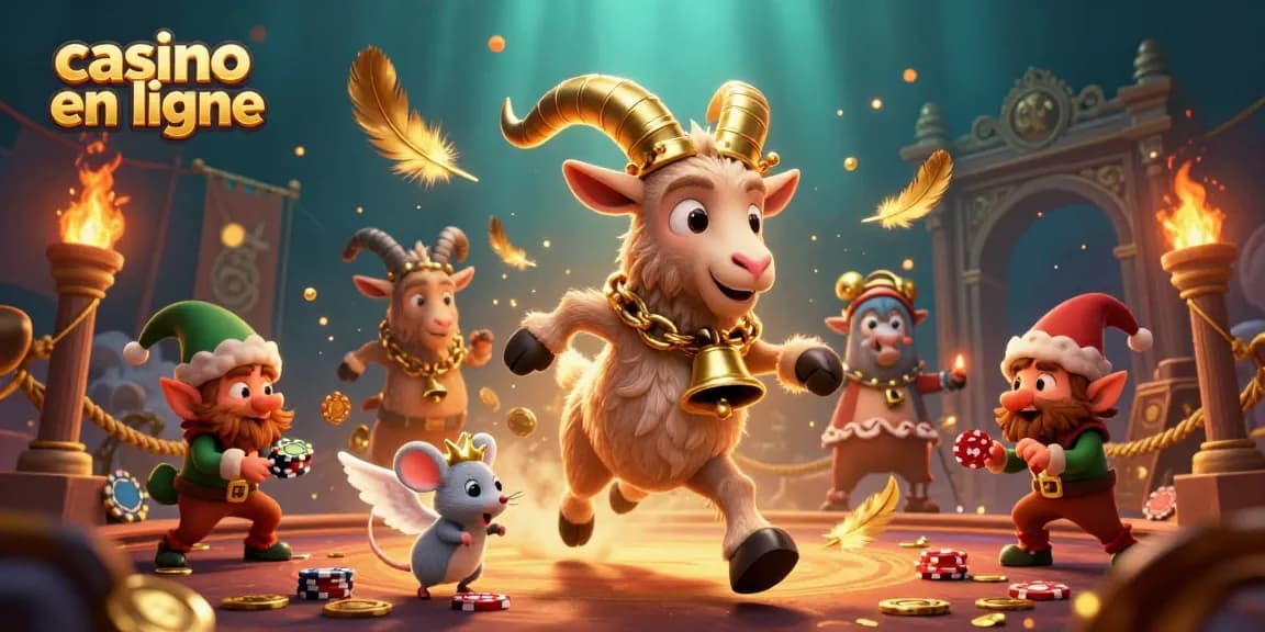 Le casino en ligne présente une scène festive et chaotique avec des personnages animés et des jetons volés.