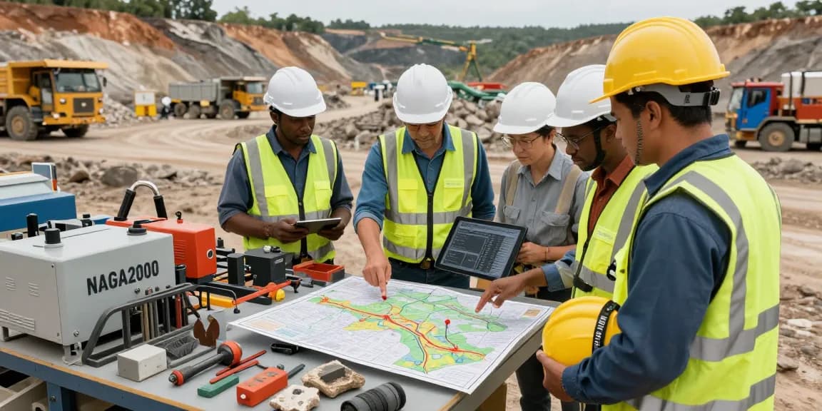 NAGA2000 equipment discussed by professionals at gold mining site, showcasing teamwork and innovation.