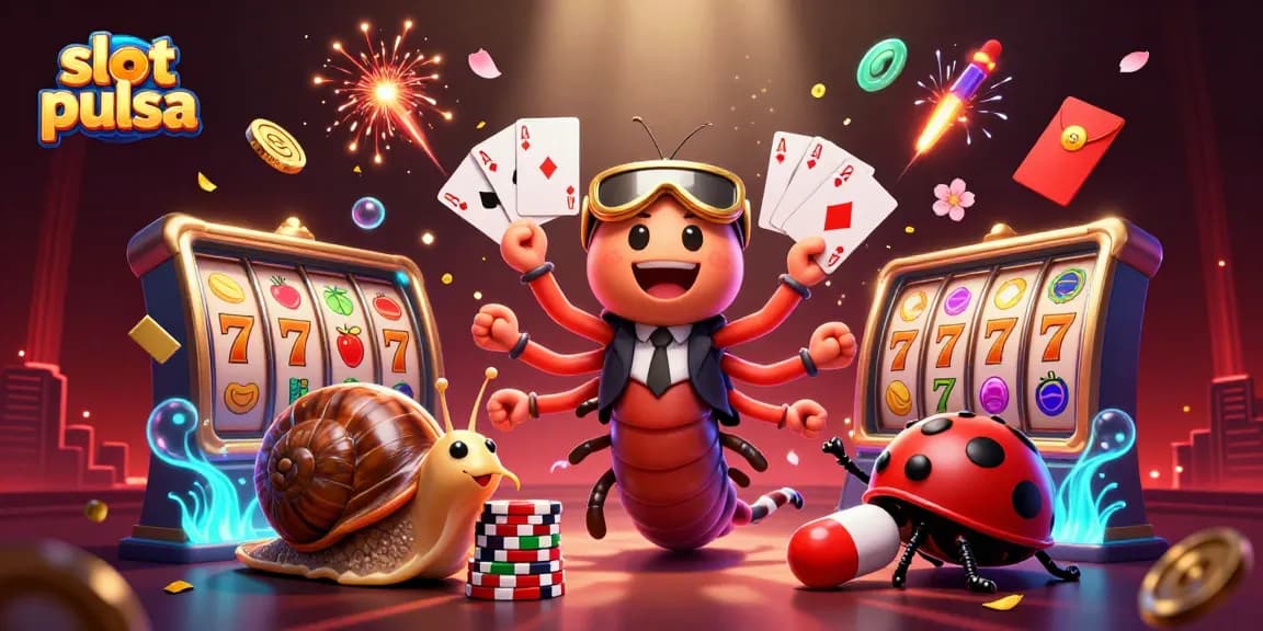 Experience slot pulsa excitement with a millipede dealer, snail high-roller, and jackpot reels on a vibrant background.