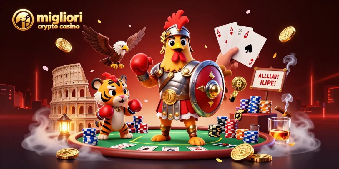 Scopri i migliori crypto casino con un gallo gladiatore e un cucciolo di tigre in un'arena affollata.