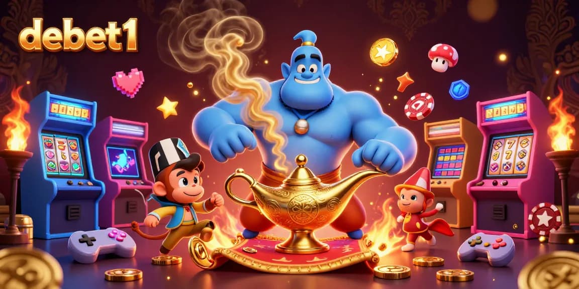 Experience thrilling gameplay with debet1, showcasing vibrant slot reels and a mystical genie.