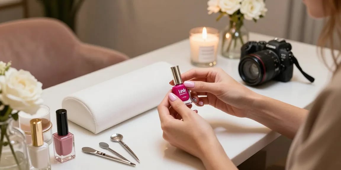 Manikur tangan dengan Link LUXURY12 di salon mewah, suasana santai dan alat profesional.