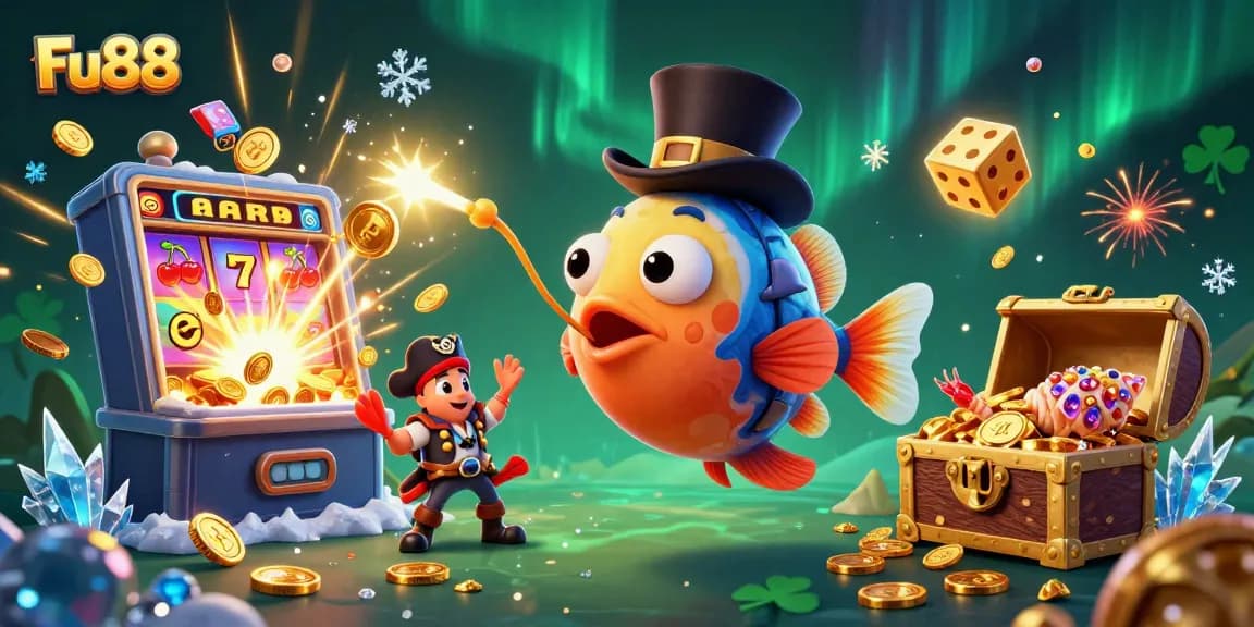 Experience the thrill of Fu88 with glowing treasures and dynamic casino elements in this detailed illustration.