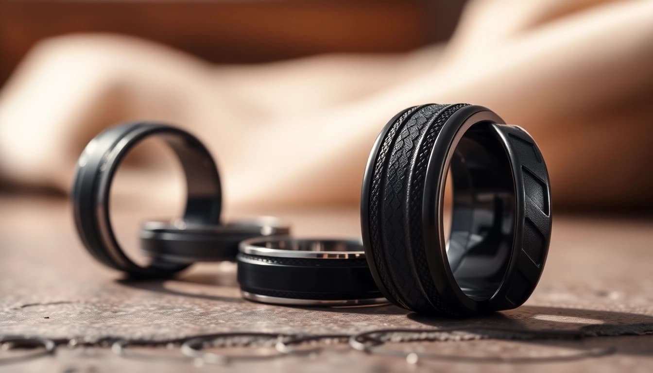 Showcase of dark mens wedding bands highlighting unique designs and textures.