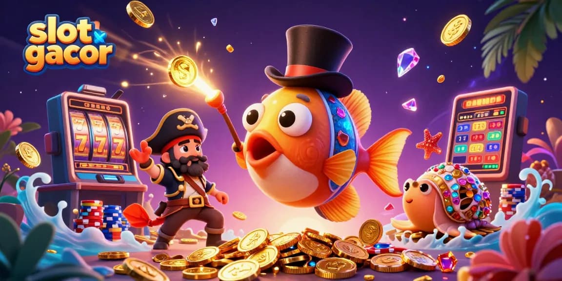 Menang dengan slot gacor sambil dikelilingi ikan pemancing dan koin emas yang melimpah.