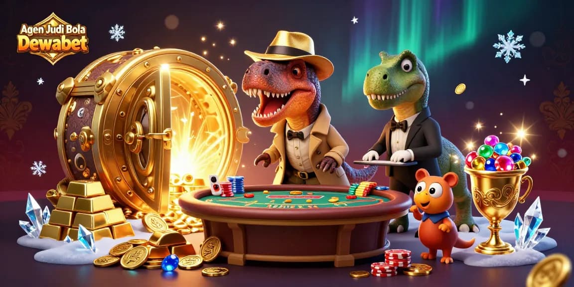 Agen Judi Bola Dewabet featuring a playful dinosaur card counter at a vibrant casino table amidst an aura of luxury.
