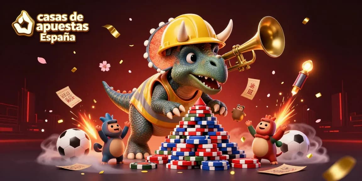 Apuesta en las casas de apuestas España mientras un triceratops celebra la victoria con alegres compys y elementos deportivos.