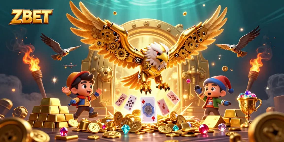 ZBET elevates online gaming with a cartoon cybernetic eagle soaring through holographic cards.