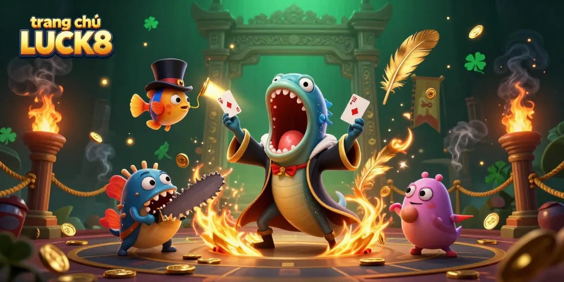 Experience excitement on trang chủ LUCK8 with a vibrant scene featuring playful deep-sea creatures performing magic tricks.