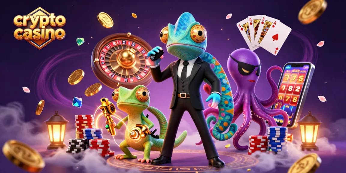 Jouer au crypto casino avec un caméléon agent secret et son compagnon gecko, entourés de machines à sous et de jetons colorés.