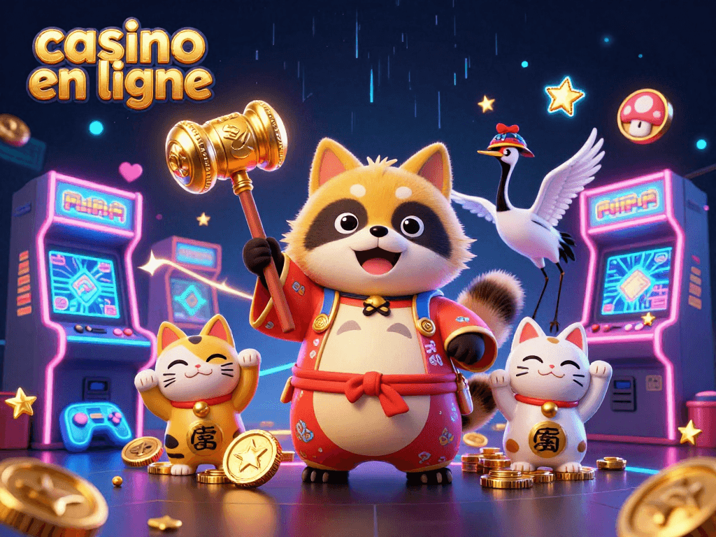 Jouer au casino en ligne avec un tanuki chanceux et des chats maneki-neko dans une ambiance festive animée.
