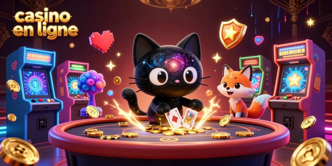 Gagnez gros avec le casino en ligne grâce à cette illustration colorée de jeux d'arcade et de personnages animés.