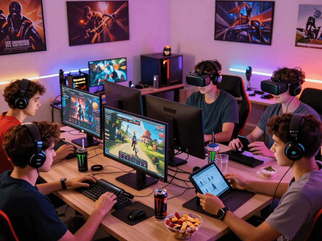 Players immersed in various porn games on multiple devices in a lively gaming environment.